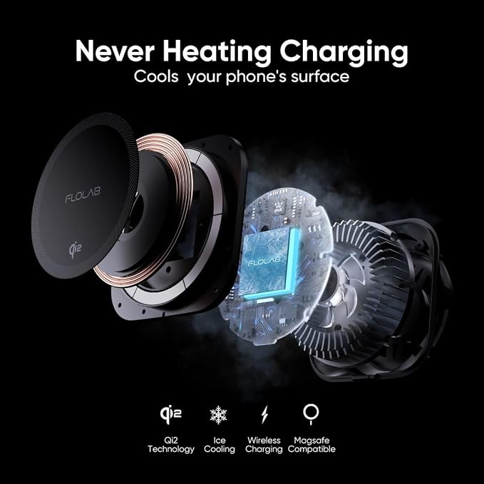 FLOLAB Qi2 15W Wireless Car Charger for iPhone 16/15/14/13/12, Magnetic Vent/Foldable Dashboard/Windshell Mount Car Phone Holder, Fast Charging with Cooling