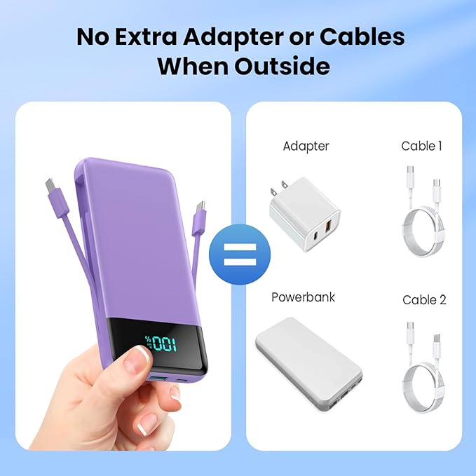 Portable Charger for iPhone,13800mAh Slim Power Bank with Built-in Cables & AC Wall Plug,All in One 4 Outputs USB C Fast Charging Battery Pack Travel Essential for iPhone 17/16/15/14,Android (Purple)