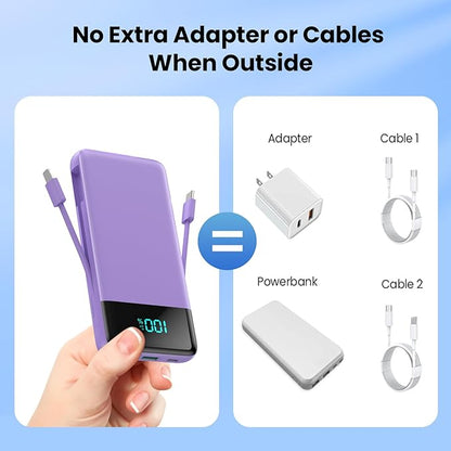 Portable Charger for iPhone,13800mAh Slim Power Bank with Built-in Cables & AC Wall Plug,All in One 4 Outputs USB C Fast Charging Battery Pack Travel Essential for iPhone 17/16/15/14,Android (Purple)