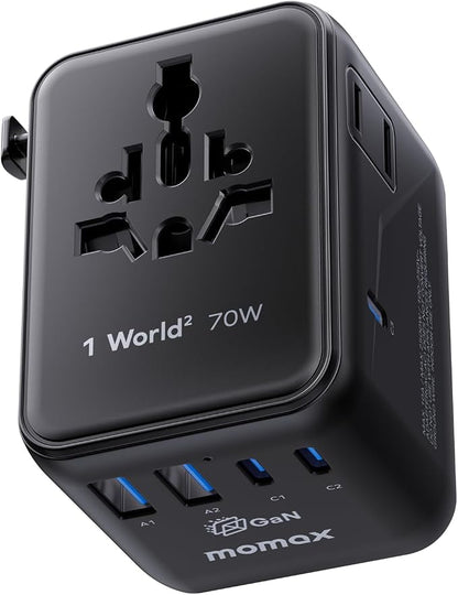 MOMAX Mini 7-in-1 Universal Travel Adapter, GaN 70W Dual AC, 3 USB-C PD & 2 USB-A QC, International Power Charger for 200+ Countries – Compact Travel Adapter for Laptop, Phone, UK/AUS/EU/JP Plug