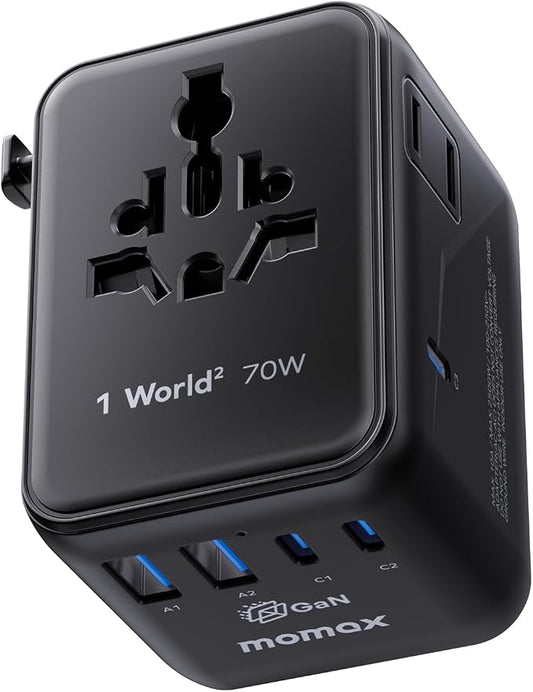 MOMAX Mini 7-in-1 Universal Travel Adapter, GaN 70W Dual AC, 3 USB-C PD & 2 USB-A QC, International Power Charger for 200+ Countries – Compact Travel Adapter for Laptop, Phone, UK/AUS/EU/JP Plug