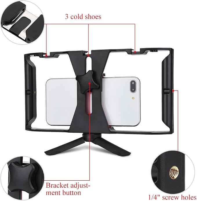 Dual Handheld Smartphone Camera Stabilizer, Phone Adjustable Stabilizer Support Recording Rig with Tripod Ideal for Video grapher/Videomaker/Film Maker