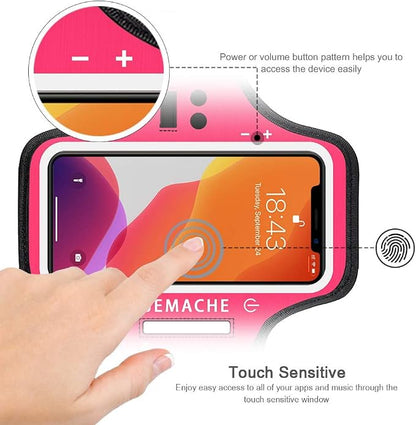 iPhone 17 16 15 Armband with Earphone Holder, JEMACHE Water Resistant Gym Running Workouts Arm Band for iPhone 17 16 15 14 13 12 Pro (Rosy)