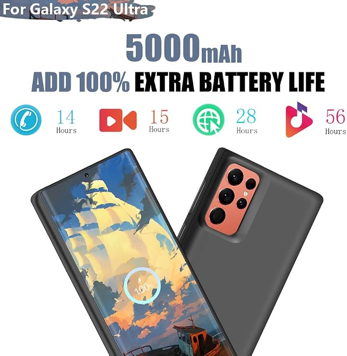 Battery Case for Samsung Galaxy S22 Ultra, 5000mAh Rechargeable Extended Battery Charging Charger Case, Add 100% Extra Juice, Not Compatible with S22 or S22+ (6.8 inch) Black