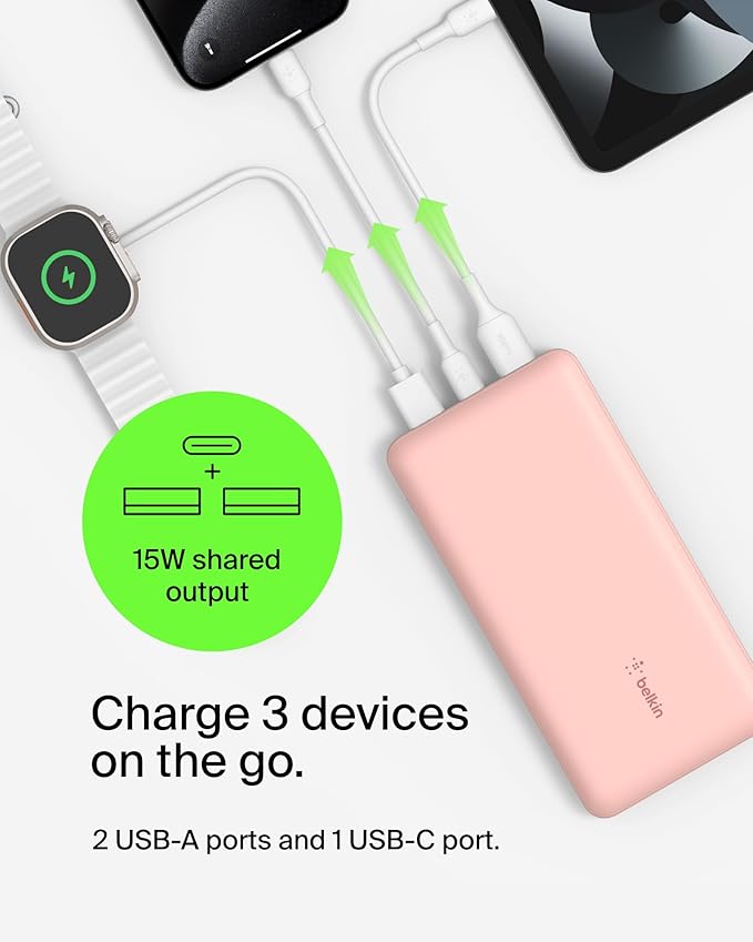 Belkin Portable Charger, USB C Power Bank 20000 mAh w/ 1xUSB-C Port & 2xUSB-A Ports, 15W w/ Type-A to Type-C Cable - iPhone 17, Air, Pro, Pro Max, Samsung Galaxy S25, Google Pixel 10, etc. - Rose Gold