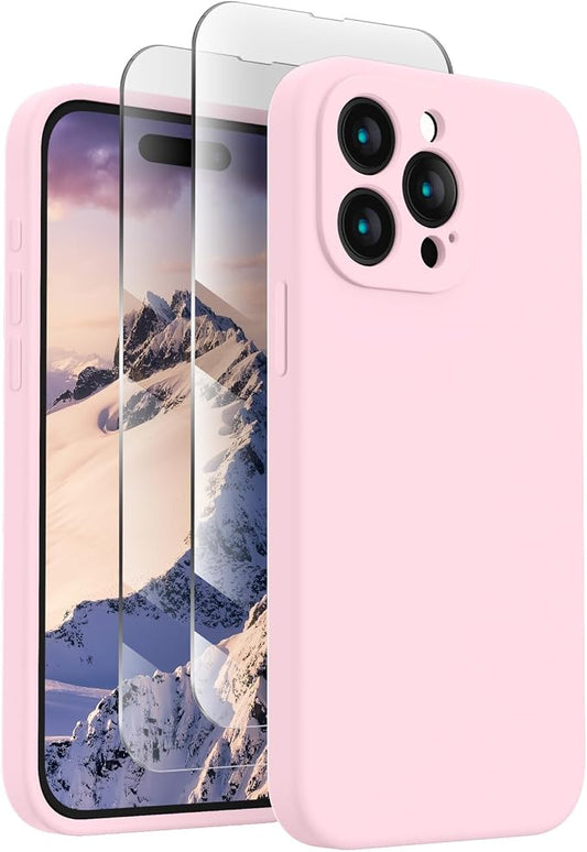 FireNova Designed for iPhone 15 Pro Max Case, Silicone Upgraded [Camera Protection] Phone Case with [2 Screen Protectors], Soft Anti-Scratch Microfiber Lining Inside, 6.7 inch, Chalk Pink