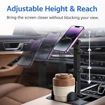 Adjustable Magnetic Cup Holder Phone Mount – MagSafe Compatible, Expandable Base, Long Arm Telescopic Car Holder, Includes Metal Ring for iPhone & Android