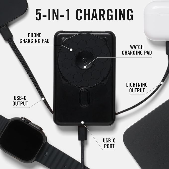Ridge Magnetic Power Bank Fast Charging - Compatible with MagSafe - Portable Charger Power Bank - with Built in Cable and Wireless Charging, 5-in-1 Charging & Magnetic Attachment (Matte Black)