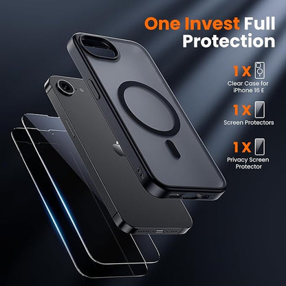 3 in 1 for iPhone 16E Case/iPhone 17E Case, Screen Protector*2,Matte Skin Feeling Back Cover Military-Grade Protection for iPhone 16e & 17e Case 6.1 inch Matte Black