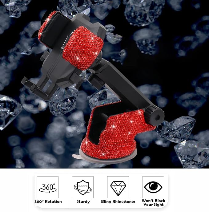 LYCARESUN Bling Car Phone Mount Holder,Shiny Crystal Rhinestone Phone Stand for Women and Girls, Car Accessories for Windshield Dashboard,Compatible with Most Cellphones (red)