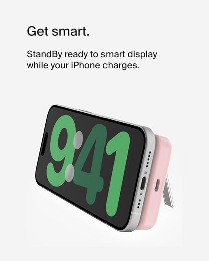 Belkin Portable Charger, Wireless Power Bank 5000 mAh MagSafe Charger 7.5W, Built-in Pop-up Kickstand - iPhone 17, Air, Pro, Pro Max, iPhone 16, AirPods, Apple Watch, Google Pixel 10, etc. - Pink