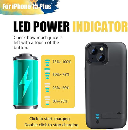 Battery Case for iPhone 15 Plus, 6000mAh Rechargeable Extended Battery Charging/Charger Case, Add 100% Extra Juice (6.7 inch) Black
