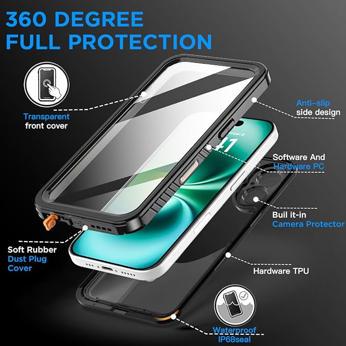 AICase Compatible with iPhone 16 Plus Case Waterproof, Clear Water Proof Built-in Screen Protector Shockproof Dustproof Snowproof Full Body Rugged Underwater Phone Case