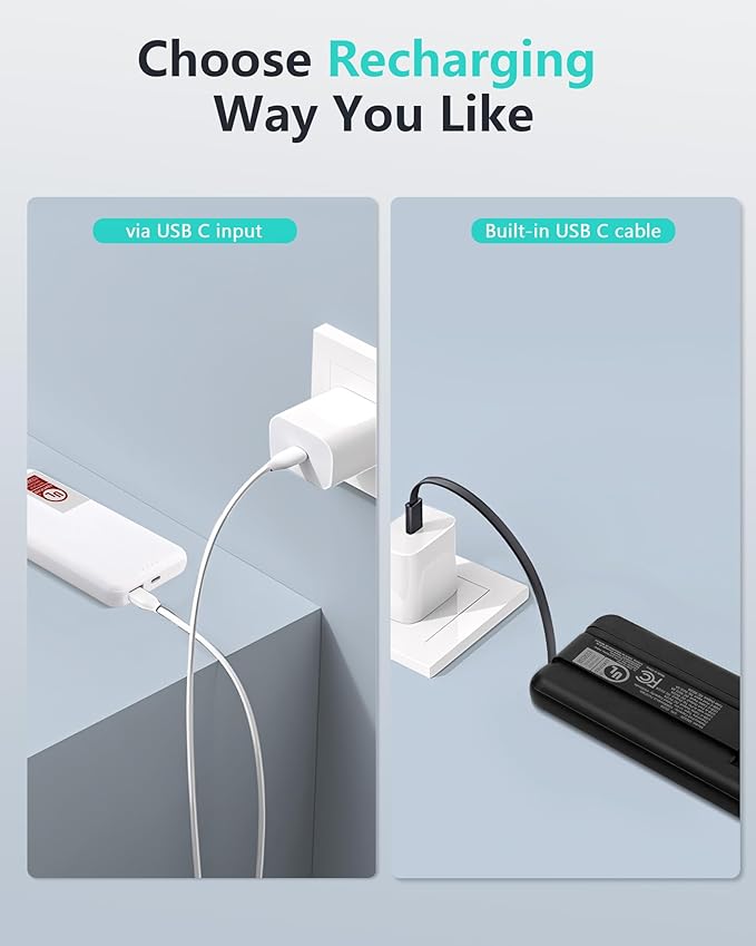 Miady UL Listed 2-Pack Portable Charger 10000mAh Power Bank Battery Pack | 37Wh丨Built-in 2 Cables丨Slim丨Compatible with iPhone 17 Galaxy S24 Android etc丨Flight-Safe丨Travel Camping Essential丨Black+White
