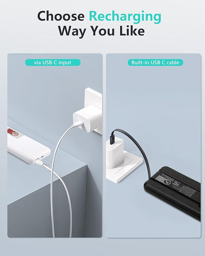 Miady UL Listed 2-Pack Portable Charger 10000mAh Power Bank Battery Pack | 37Wh丨Built-in 2 Cables丨Slim丨Compatible with iPhone 17 Galaxy S24 Android etc丨Flight-Safe丨Travel Camping Essential丨Black+White