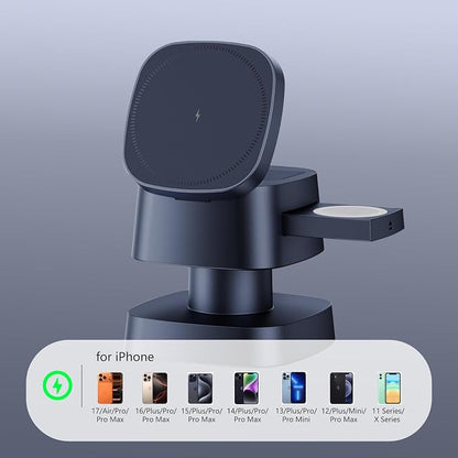 【2026 Upgraded】4 in 1 Wireless Charger, 3 in 1 Wireless Charging Station with Night Light for MagSafe Charger, 15W Magnetic Travel Stand for iPhone17/Air/Pro/Max/16/15/14, Apple Watch, Airpods (Gray)
