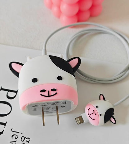 Compatible with Apple 20W/18W USB-C Adapter Charger, 3D Cartoon Protective Case for iPhone 20W USB-C Power Adapter Charger Fast Lightning Cover (Cute Cow)