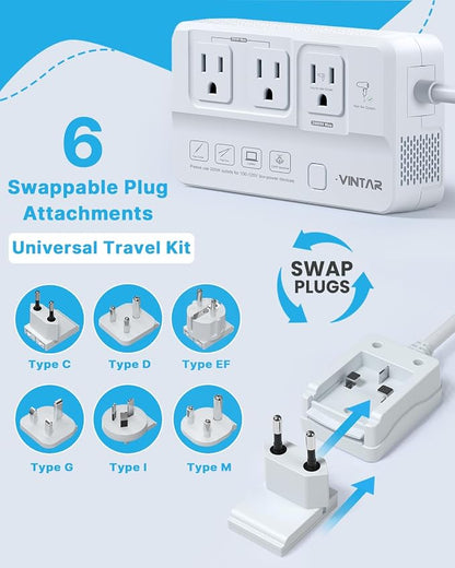 VINTAR 2000W 220V to 110V Converter for Hair Dryers, Universal Travel Adapter Voltage Converter US to Europe with 4 USB Ports(2 USB C), International Step Down Transformer for EU UK JP AU India SA