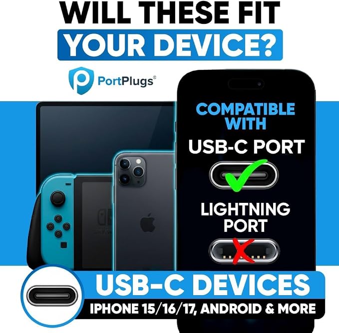 PortPlugs USB-C Dust Plug Set - Includes Carry Case & Cleaning Brush for Steam Deck Pro 14, 16, Air 13 & USB C Android Phone | Black (17 Piece)