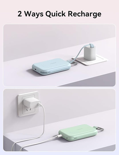 RORRY Portable Charger, 10000mAh PD 30W Fast Charging Portable Charger Power Bank with Built-in Cables, Travel Keychain Charger Battery Pack for iPhone 17/16/15/14/13/12, for AirPods 2/3/4/Pro, Green