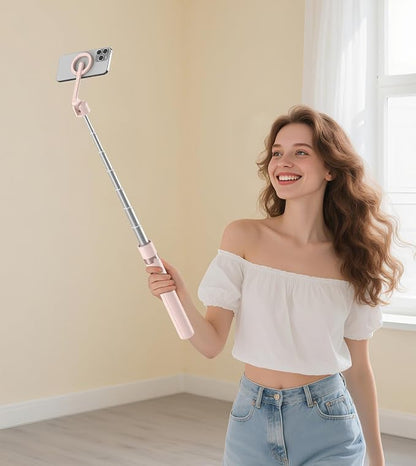 TONEOF 68" Magnetic Selfie Stick Tripod with Aluminum Strong Magnetic Holder for Magsafe, 360° Rotatable Travel Phone Tripod Stand with Metal Ring & Rechargeable Remote for iPhone/Android（Pink）