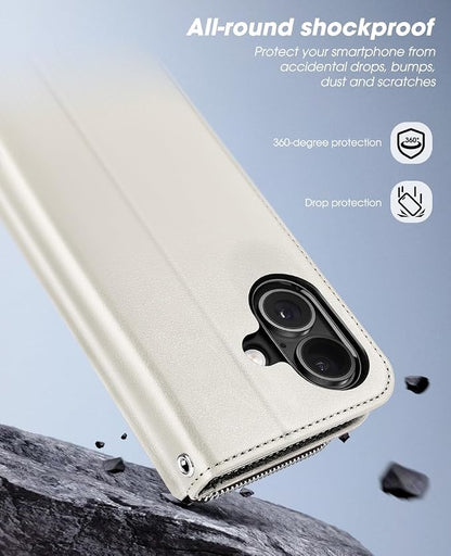 OCASE for iPhone 17 Crossbody Wallet Case - Stylish PU Leather Handbag Phone Purse with Zipper Closure, Card Slots & RFID Blocking - Wrist Strap, Lanyard, Kickstand - Cream