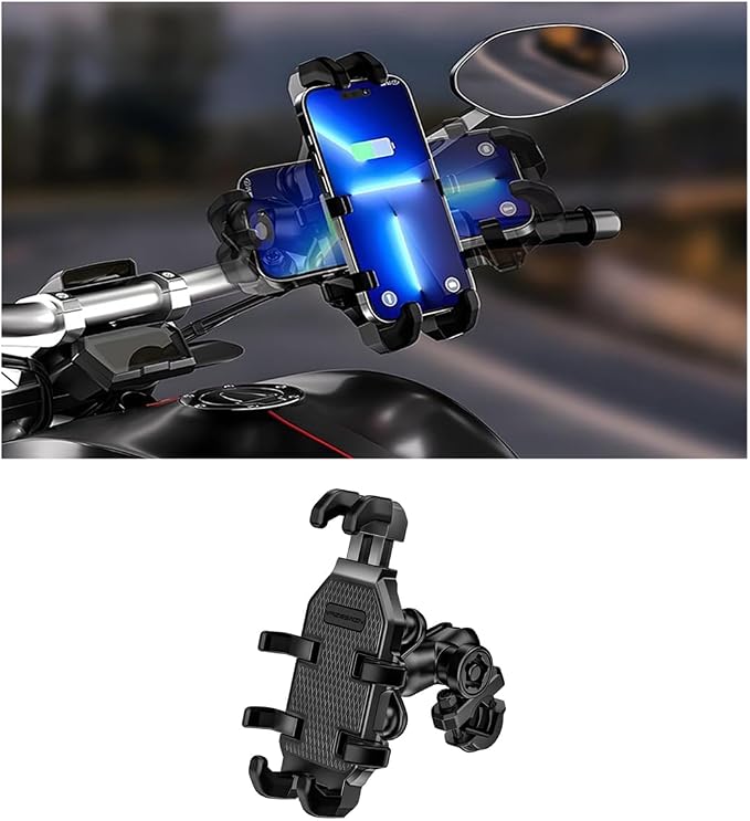 Motorcycle Phone Mount Holder, 360° Adjustable Anti-Theft Motorbike Handlebar Cellphone Mount with Vibration Dampener, Bike Smartphone Holder Clamp, Suitable for 5.1"-7" Phones
