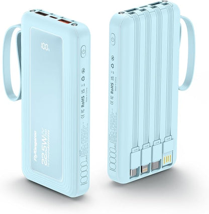 Portable Charger 10000mAh 22.5W Power Bank | Built in 4 Cables, Slim, Fast Charging, USB C LED Display, 6 Outputs & 2 Inputs, Flashlight