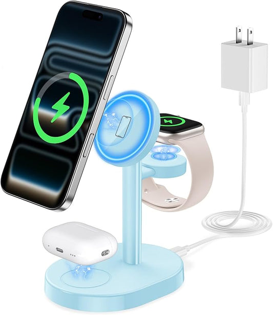 2026 3 in 1 Wireless Charging Station for Apple MagSafe Charger, 15W Fast Magnetic Mag-Safe Charger Stand for iPhone 17 16 15 14 13 12 Apple Watch AirPods Series, Gifts for Men (Ice Blue)