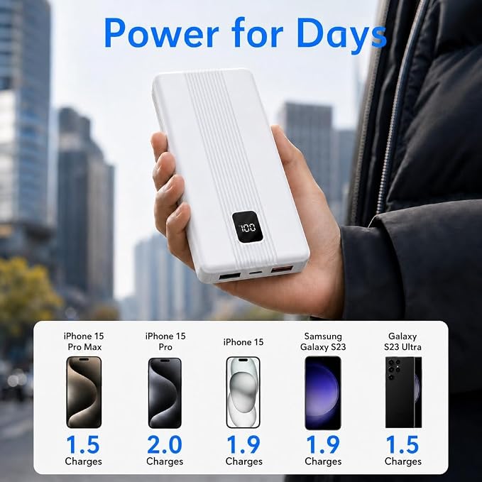 10000mAh Portable Charger with 4 Built-in Cables, 22.5W Fast Charging Power Bank, LED Display, Slim Travel Battery Pack for iPhone 17/16/15/14, Samsung Galaxy, iPad & More