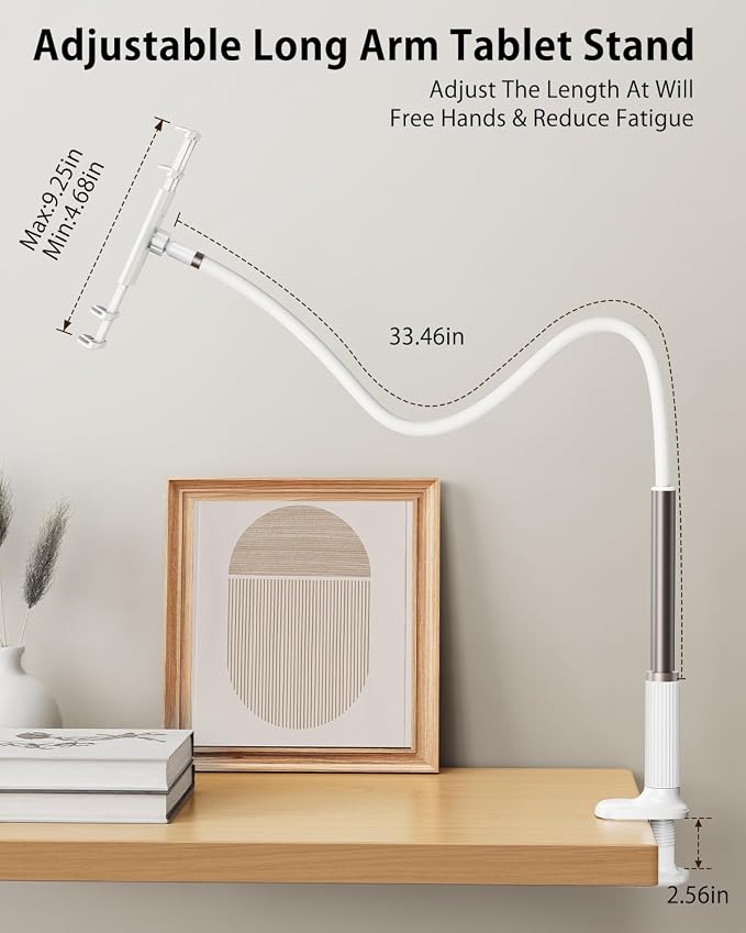 Gooseneck Tablet Holder for Bed, Adjustable Tablet Stand for Desk, Flexible Long Arm Mount for Kindle Reading in Bed, Compatible with iPad and Other 4.7-10.9 Inches Devices
