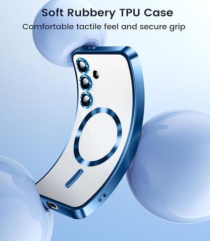 Slim Thin for Samsung Galaxy S25 Plus Clear Case, Compatible with MagSafe, Built-in Camera Lens Protector, Shockproof Protective Phone Case, Electroplated Bumper Cover, Sapphire Blue