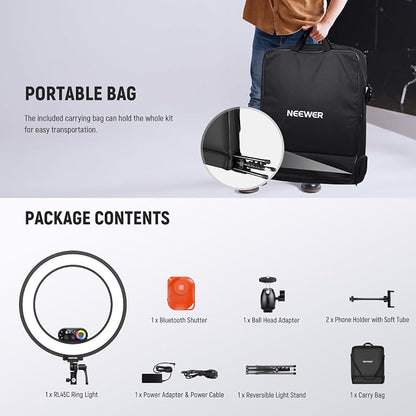 NEEWER RL45C 18" Edge Lit 45W RGB LED Ring Light with Phone Tripod Stand Remote CRI95+ 3100lux/0.5m 2500K–10000K 360° Full Colors App/2.4G Control Compatible with iPhone Selfie Makeup Video Recording