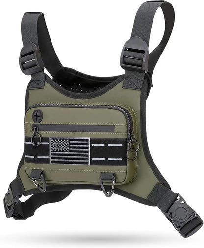 Muserise Sports Chest Bag For Men Women, Water Resistant Lightweight Front Chest Pack, Running Vest Bag With Built-In Phone Holder & Extra Storage For Workouts, Running, Cycling (Olive)
