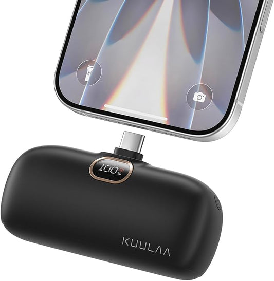 Kuulaa Portable Phone Charger with Built-in USB-C Plug, 5000mAh Mini Portable Charger Power Bank Small Battery Pack for iPhone 15/16/17 Samsung S24/S23 & Android (Black)