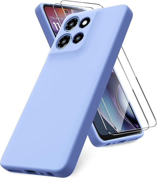 for Motorola Moto G 2025 Case, 2 Pack Tempered Glass Screen Protectors, Soft TPU Liquid Silicone Shockproof Gel Case-Purple