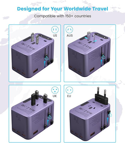 Universal Travel Adapter, VINTAR 75W GaN International Power Adapter with 3 USB C PD and 2 USB A QC, All in One Travel Essentials for UK/EU/USA/AUS, Travel Adapter Worldwide for Laptops Phones, Purple