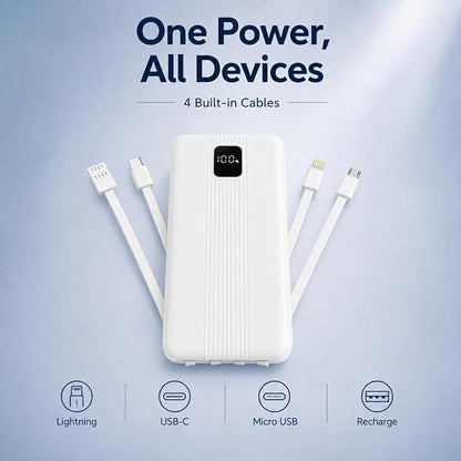10000mAh Portable Charger with 4 Built-in Cables, 22.5W Fast Charging Power Bank, LED Display, Slim Travel Battery Pack for iPhone 17/16/15/14, Samsung Galaxy, iPad & More