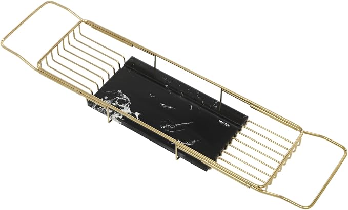 Expandable Bathtub Tray Caddy for Luxury Bath, Extra Wide Acrylic Tub Tray with Natural Marble Board, Waterproof Bath Tub Shelf for Phone, Wine, Book, Tablet Stand - Ideal Home Spa (Gold, Black)
