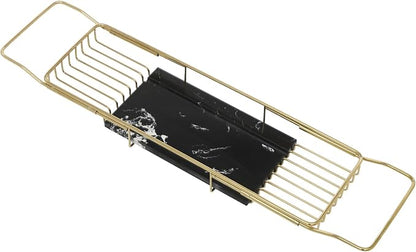 Expandable Bathtub Tray Caddy for Luxury Bath, Extra Wide Acrylic Tub Tray with Natural Marble Board, Waterproof Bath Tub Shelf for Phone, Wine, Book, Tablet Stand - Ideal Home Spa (Gold, Black)