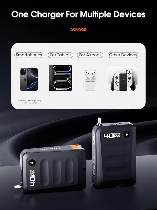 2026 ETODBUWS 3 in 1 GaN Charger,40W PD Fast Charging Blocks with Retractable Type C Cable and Dual Port Travel Charger,USB Chargers with Foldable Plug for iPhone 17/16/15,Galaxy,Pixel-Black