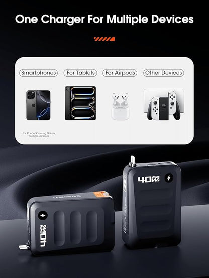 2026 ETODBUWS 3 in 1 GaN Charger,40W PD Fast Charging Blocks with Retractable Type C Cable and Dual Port Travel Charger,USB Chargers with Foldable Plug for iPhone 17/16/15,Galaxy,Pixel-Black
