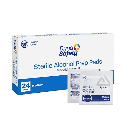 Dynarex DynaSafety Sterile Alcohol Prep Pads - Medium - 70% Isopropyl Alcohol, Individually Wrapped, Soft Cleaning Wipes - Box of 24