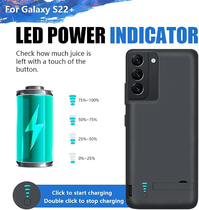 Sitong [Upgraded Battery Case for Samsung Galaxy S22+ / S22 Plus, 5000mAh Rechargeable Extended Battery Charging Charger Case, Add 100% Extra Juice (6.6 Inches) Black