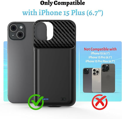 13800mAh Battery Case for iPhone 15 Plus(6.7 inch), [2026 Upgraded] High Capacity Rechargeable Extended Charging Charger Case with Tempered Glass Screen Protector, Black