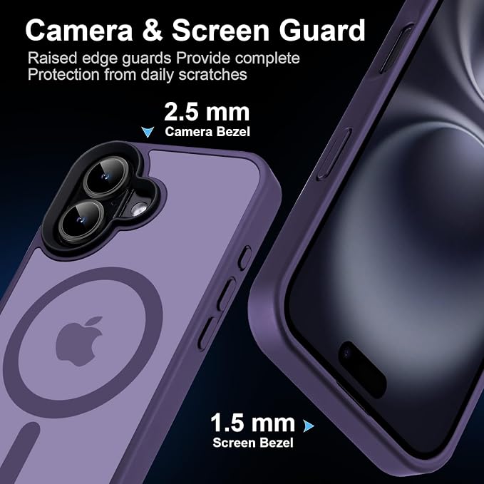 Strong Magnetic Case for iPhone 16 Case [16FT-Grade Drop Tested & Compatible with MagSafe] Translucent Anti-Fingerprint Shockproof Protective Cover 6.1 Inch, Deep Purple