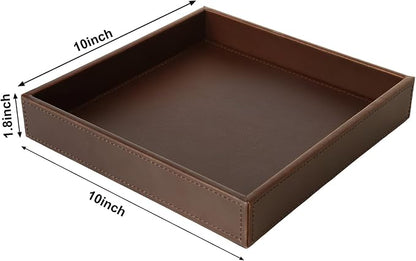 HofferRuffer Faux Leather Vanity Tray, Elegant Desktop Storage Organizer, Decorative Catchall for Perfume, Bathroom Valet, Nightstand or Dresser, 10 x 10 x 1.8 inches (Brown)