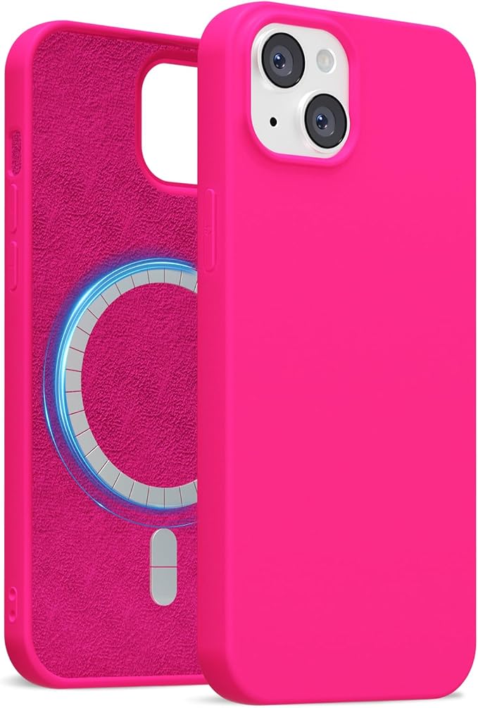 for iPhone 15 Plus/ 14 Plus Case Silicone Compatible with Magsafe Case, Ultra Slim Thin Magnetic Phone Cases Mag Safe, Cute Soft Rubber Gel TPU Matte Wireless Charging Cover for Women, Hot Pink