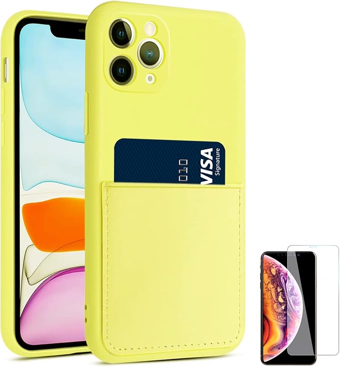 Ultra Slim Liquid Silicon Gel Case Compatible for iPhone 11 Pro 5.8 inch 2019 with Card Holder Sleeves Slot Anti-Scratch Shockproof Wallet Cover with Screen Protecto(Yellow)