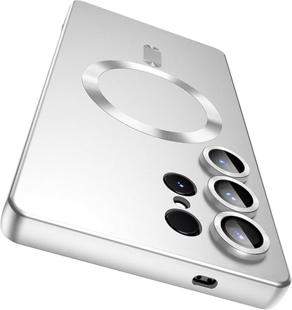 Magnetic for Samsung Galaxy S25 Ultra Case [Compatible with MagSafe][Built-in Camera Lens Protector] Slim Soft Silicone Bumper Shockproof Metallic Luster Phone Shell (Silver)